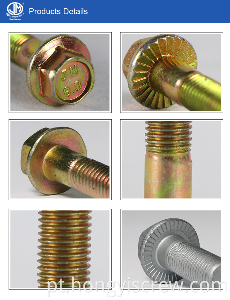 Marca JM Brand Yellow Zinc Bated Hex Flange Bolt com serrilhas M12 M27 Flange HEX parafusos